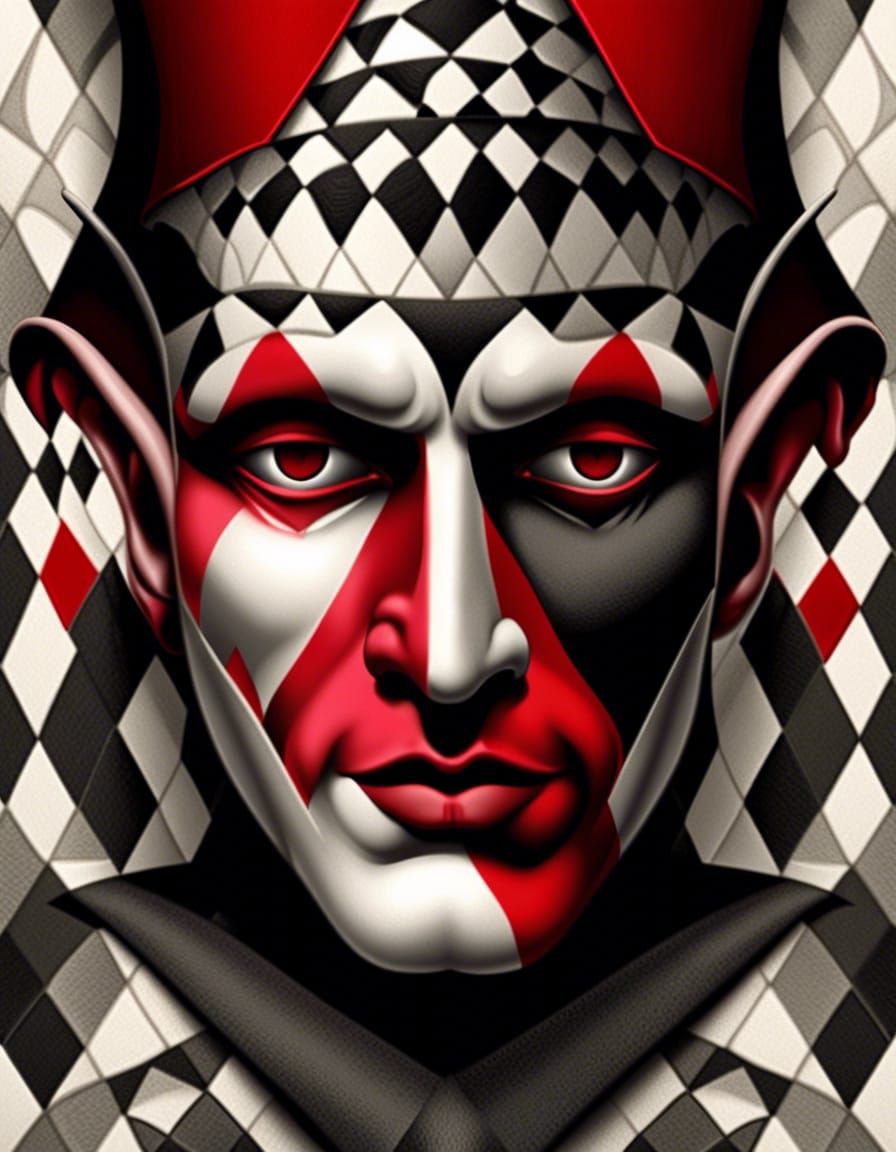 Harlequin Jester Split Portrait in Red and Black