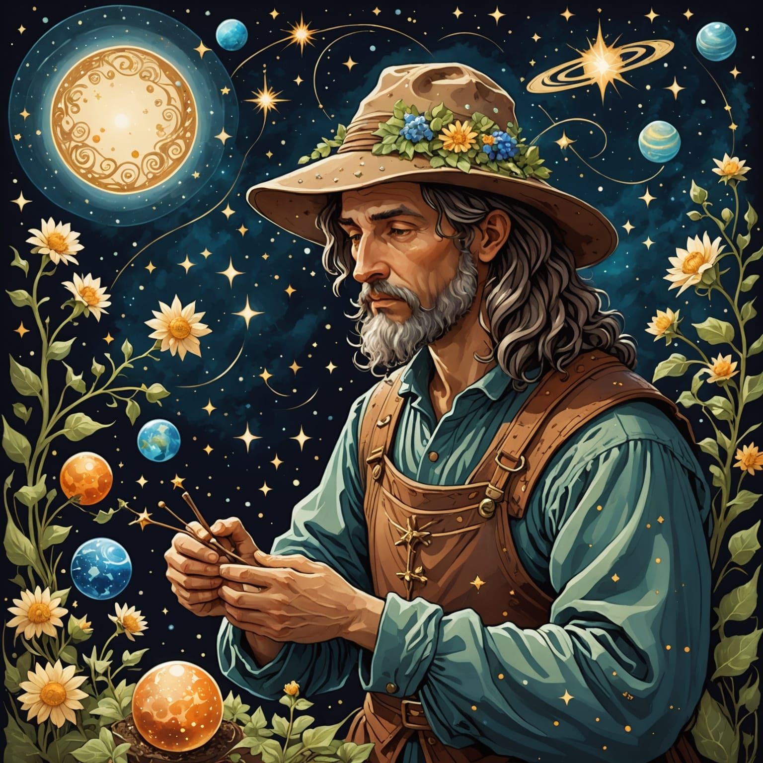 Celestial Gardener Tending to Starry Garden, Renaissance Sty...