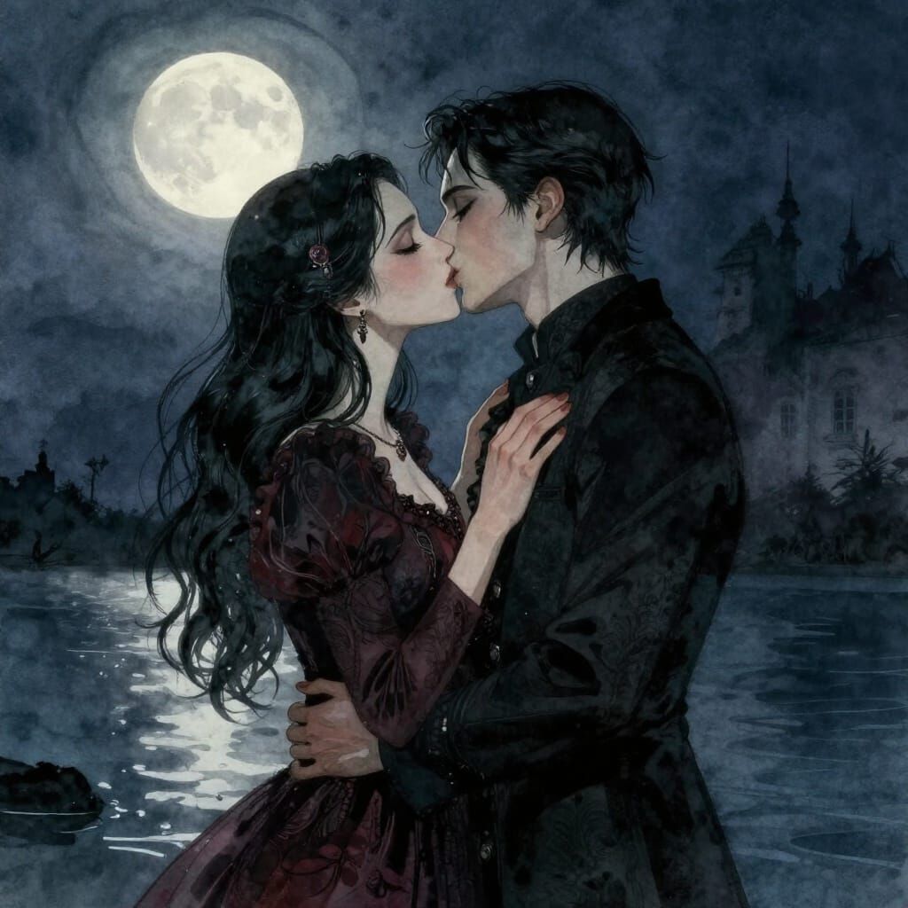 Gothic Couple Kissing Under Moonlight in Watercolor Style