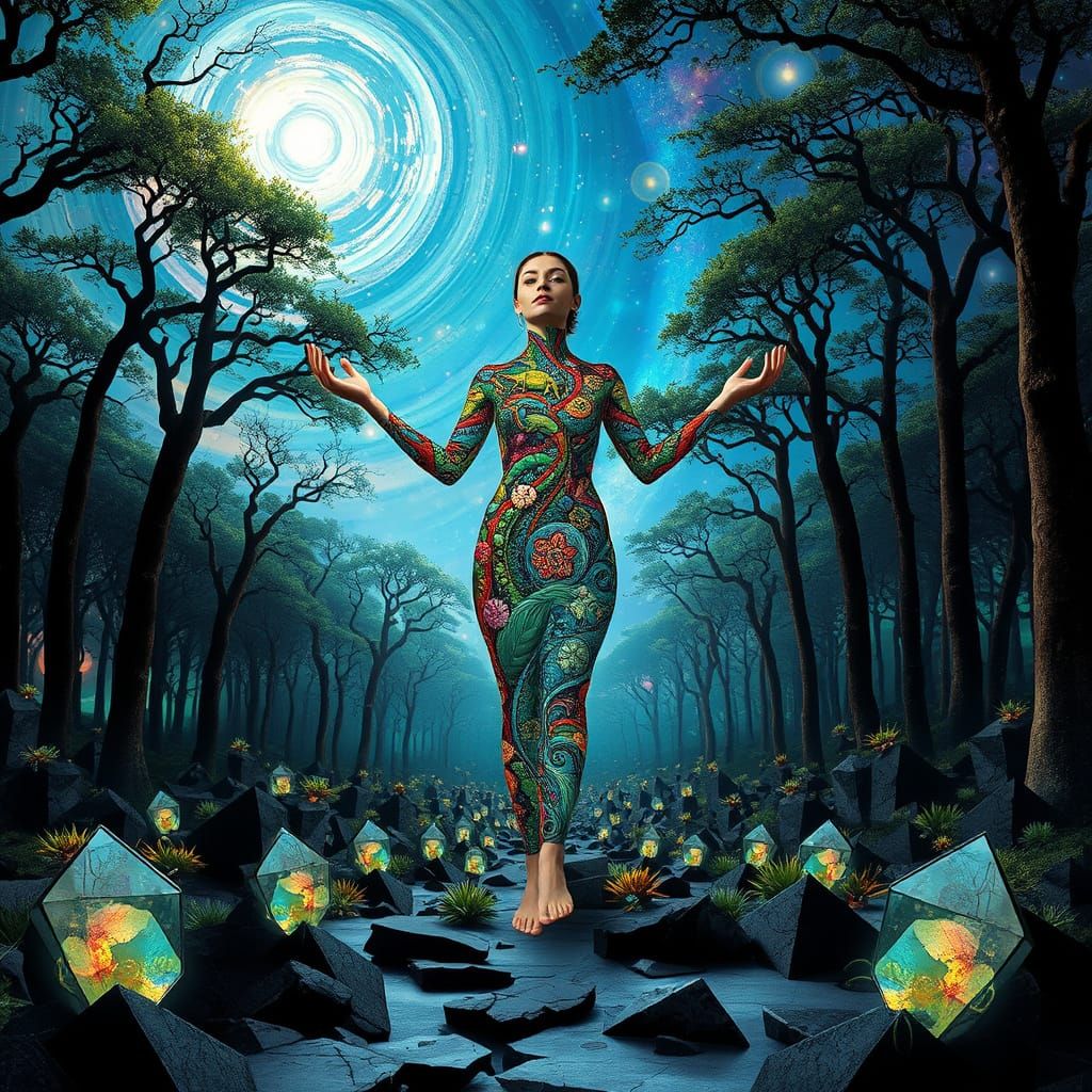 Surreal Stained Glass Forest in a Cosmic Sky with Bio-Lumine...