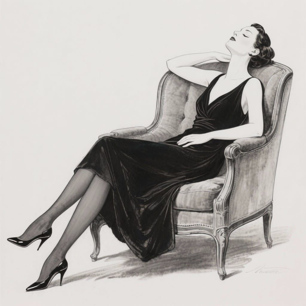 Elegant Woman Reclining in Armchair: Black and White Illustr...