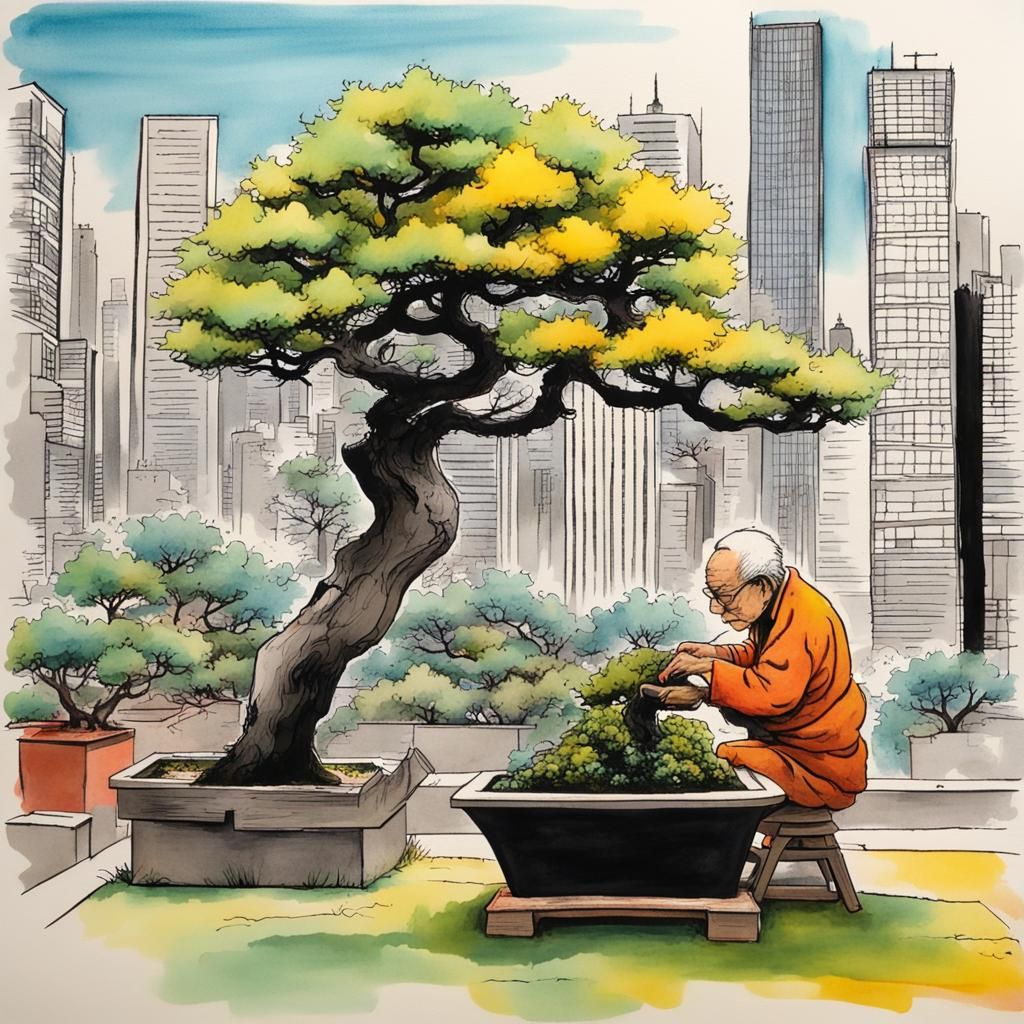 Charming Sempé-Style Garden Scene with Bonsai