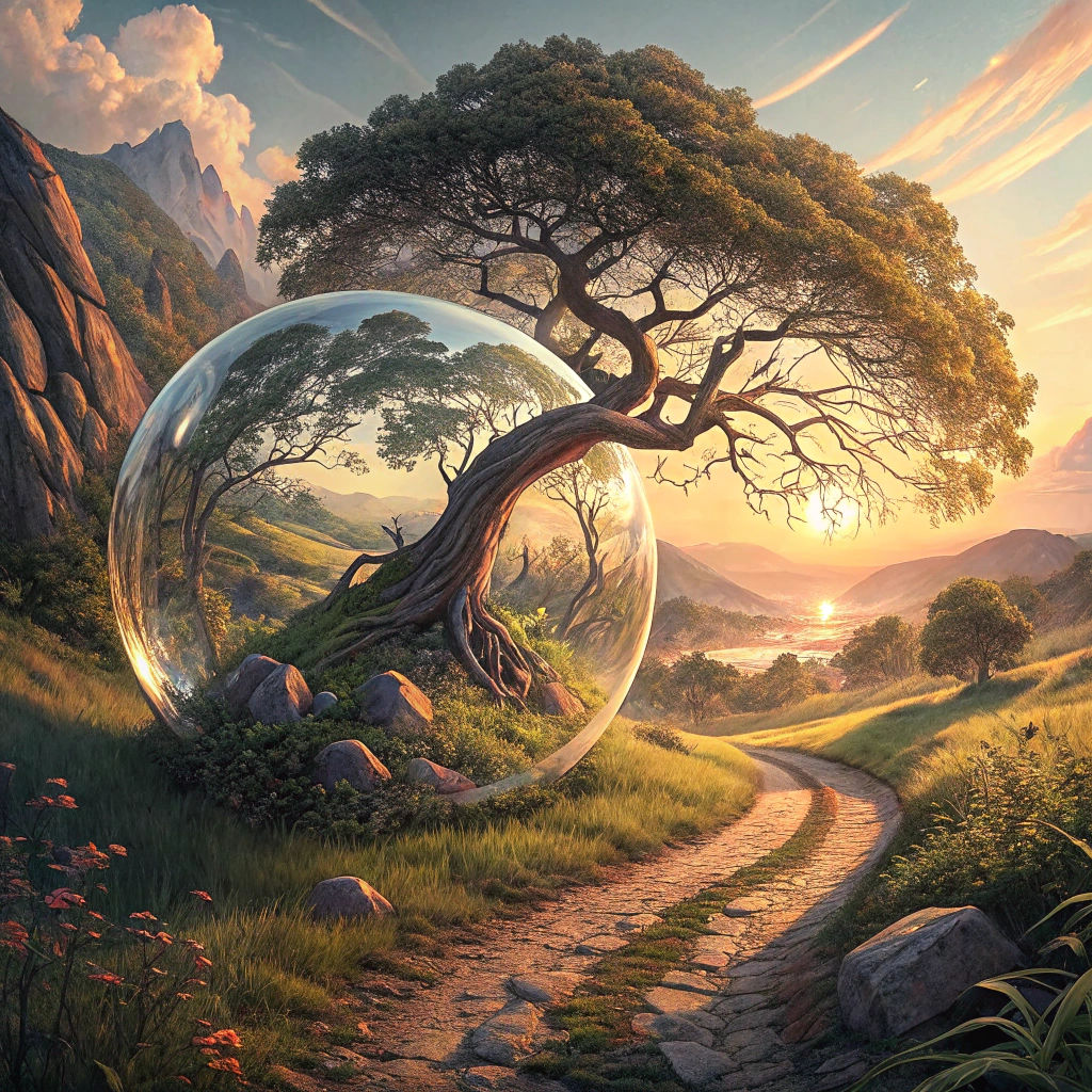 Crystal Orb Reflecting a Surreal Landscape in Art Deco Style