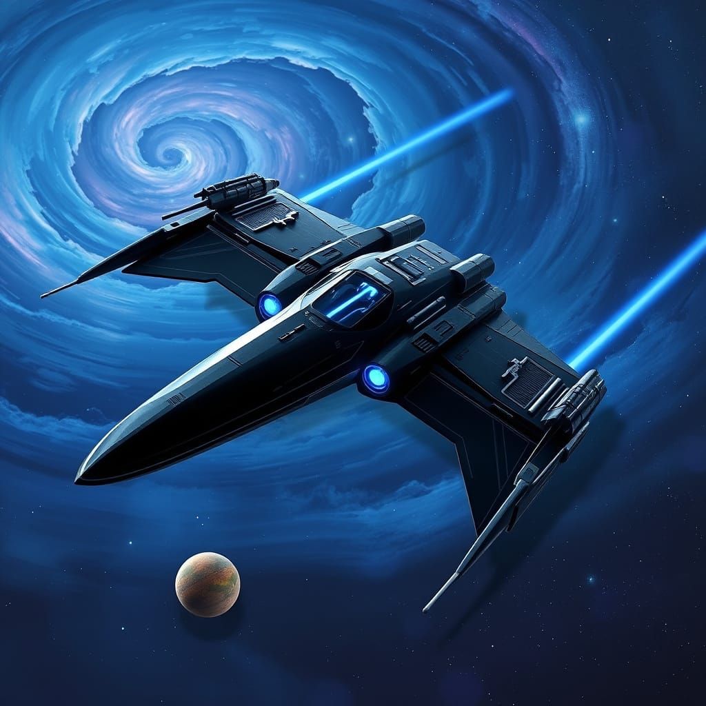 Sleek Obsidian Starship Soars Through Nebula