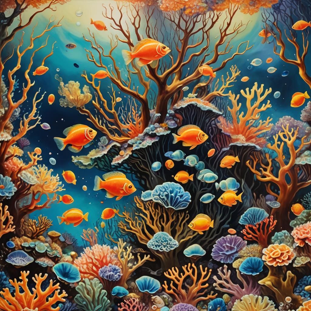 Surreal Coral Reef Ecosystem in Oil Painting Style