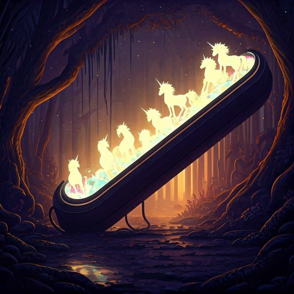 Rainbow Fluorescent Unicorns in Magical Forest