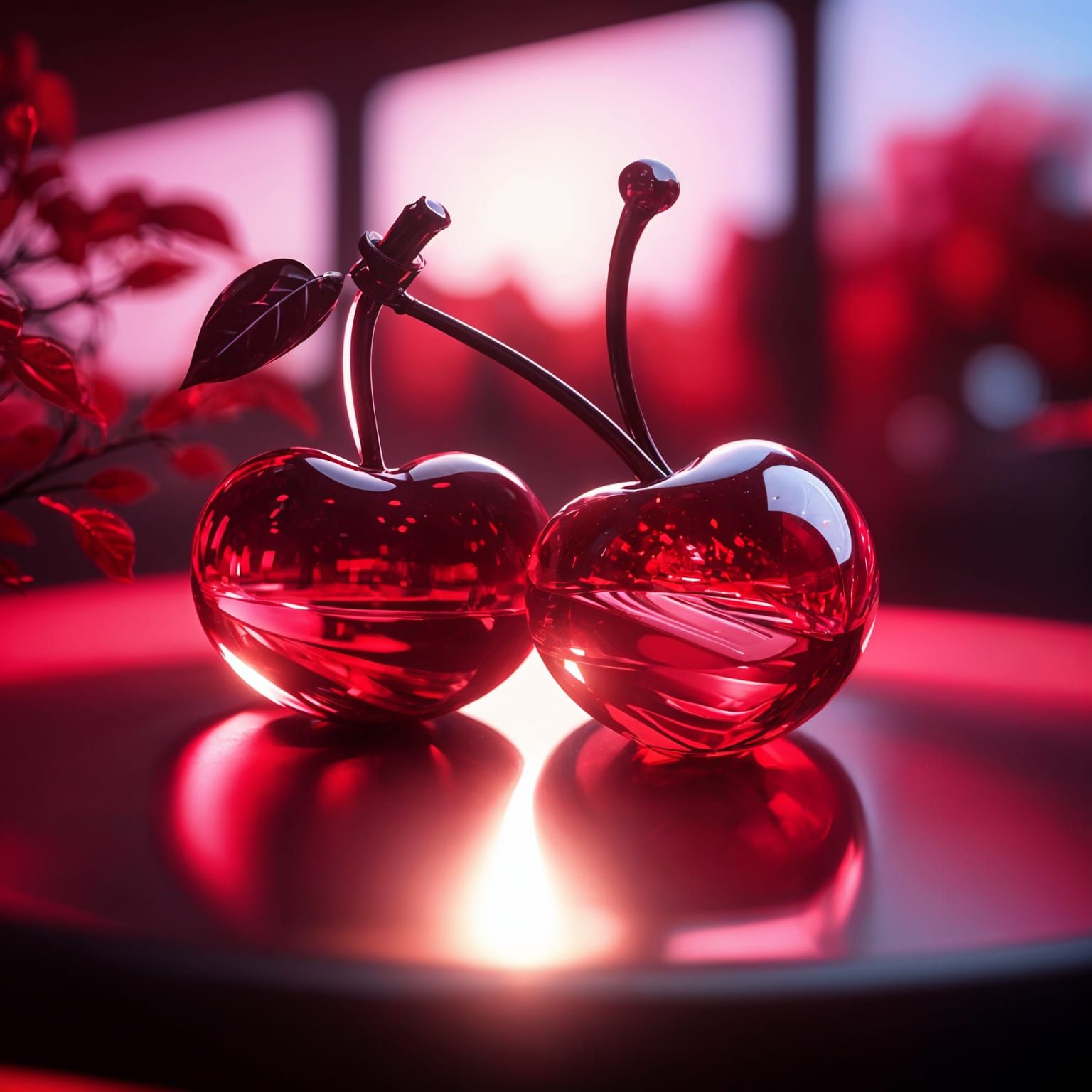 Ruby Glass Cherry in Neon Silhouette, Modern Art