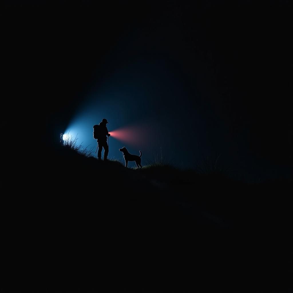 Rescue Dogs Find Hiker: Dark, High-Contrast Scene