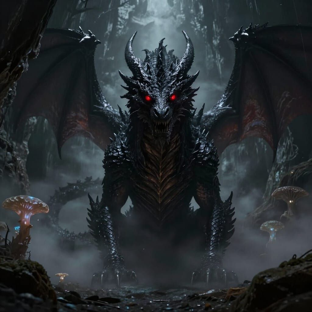 Malevolent Black Dragon Emerges from Misty Cavern in Dark Fa...