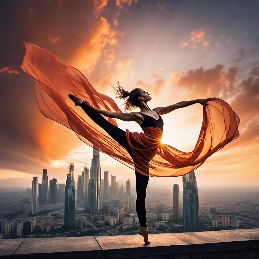 Ribbon Dance + acrobatic + (Upside down:3) (summersaulting airialist + mesmerizing sunset Double exposure of airial da...