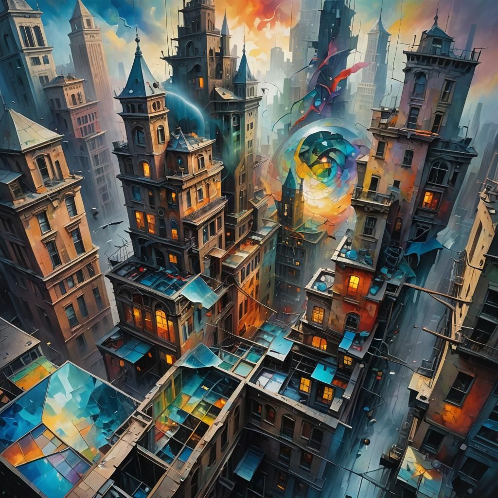 Surreal Dreamlike Cityscape in Vibrant Oil Painting