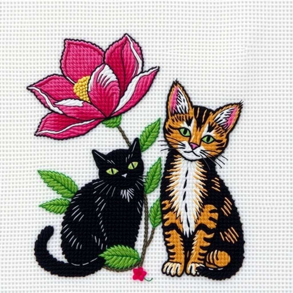 Whimsical Floral Embroidery with Two Mischievous Cats
