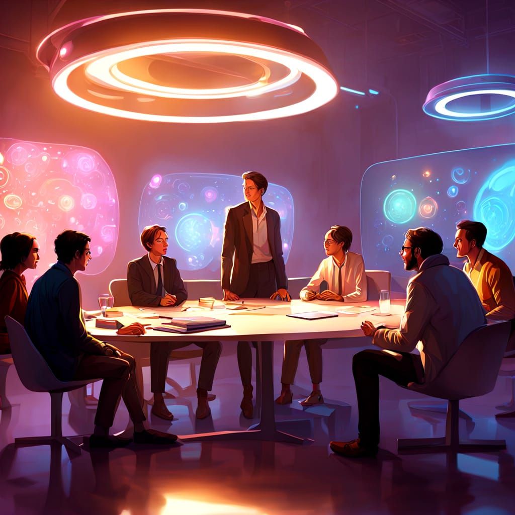 Dynamic Think Tank Discussion in Digital Painting Style