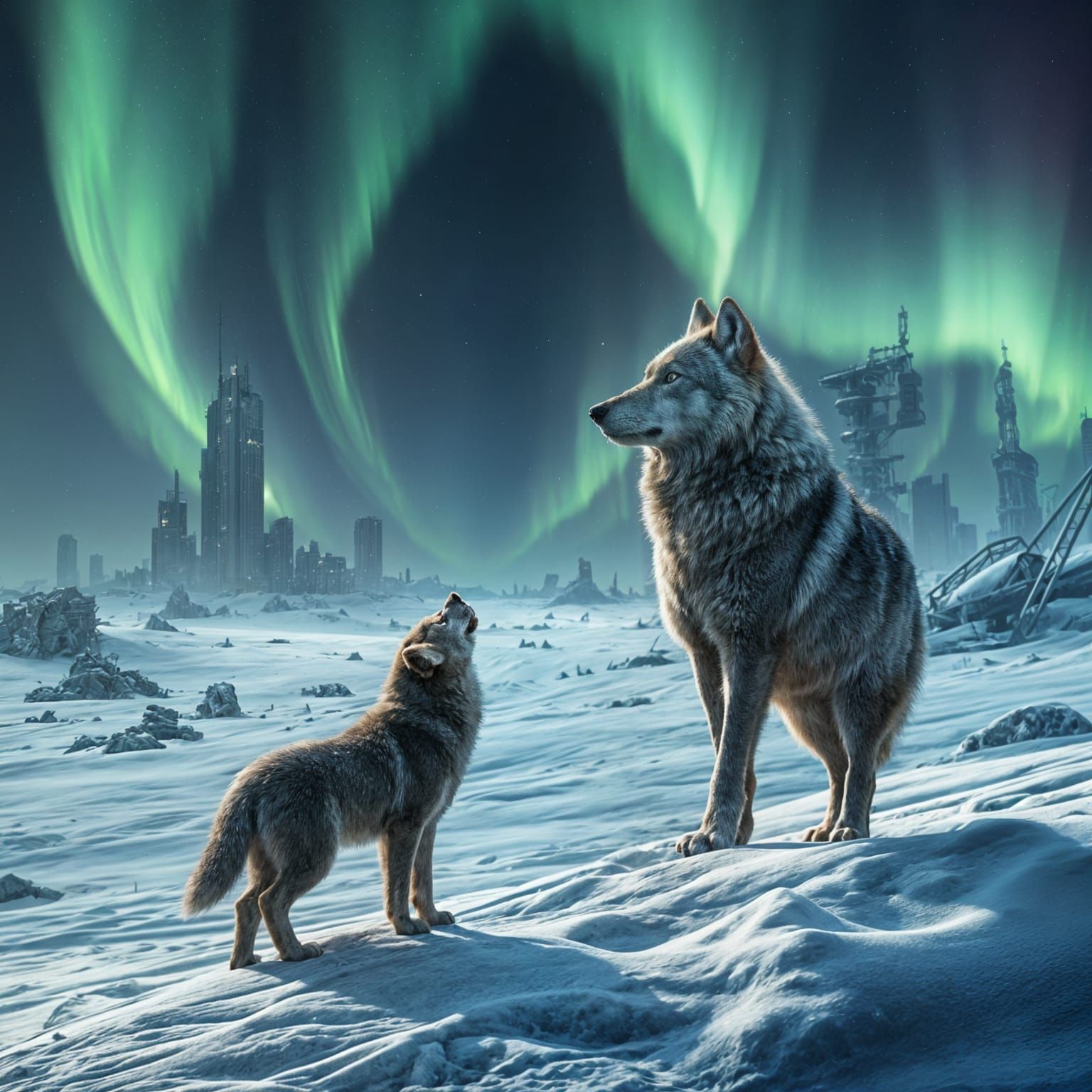 A Dystopian Wolf Family Observes a Breathtaking Aurora in a....