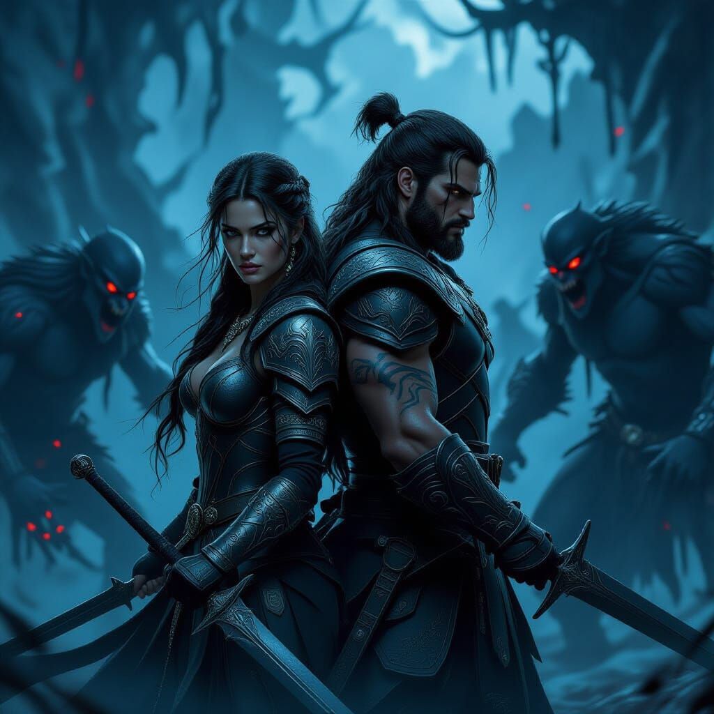 Warrior Couple Fights Monsters in Dark Fantasy Matte Paintin...