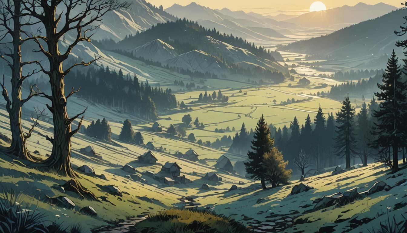 Valley Meadow at Dusk: Hand-Drawn Digital Illustration