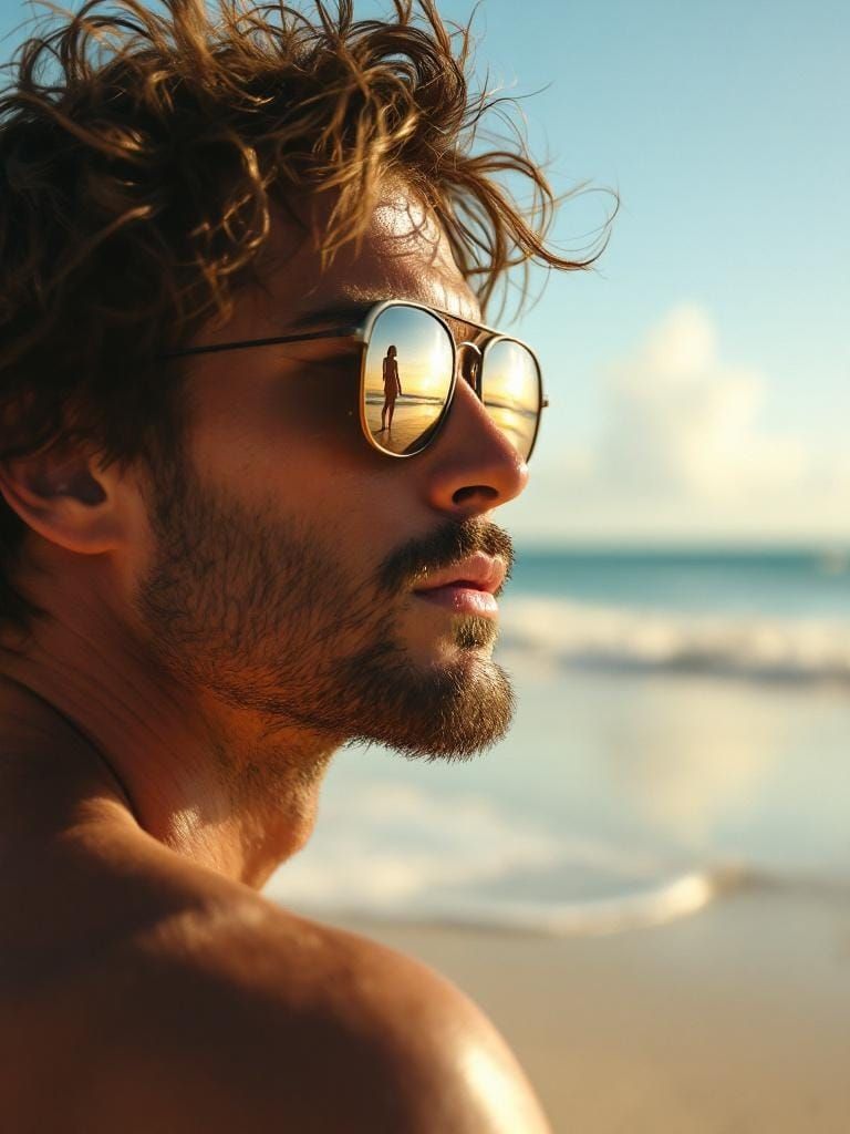 Hyperreal Beach Scene Reflecting a Lone Figure