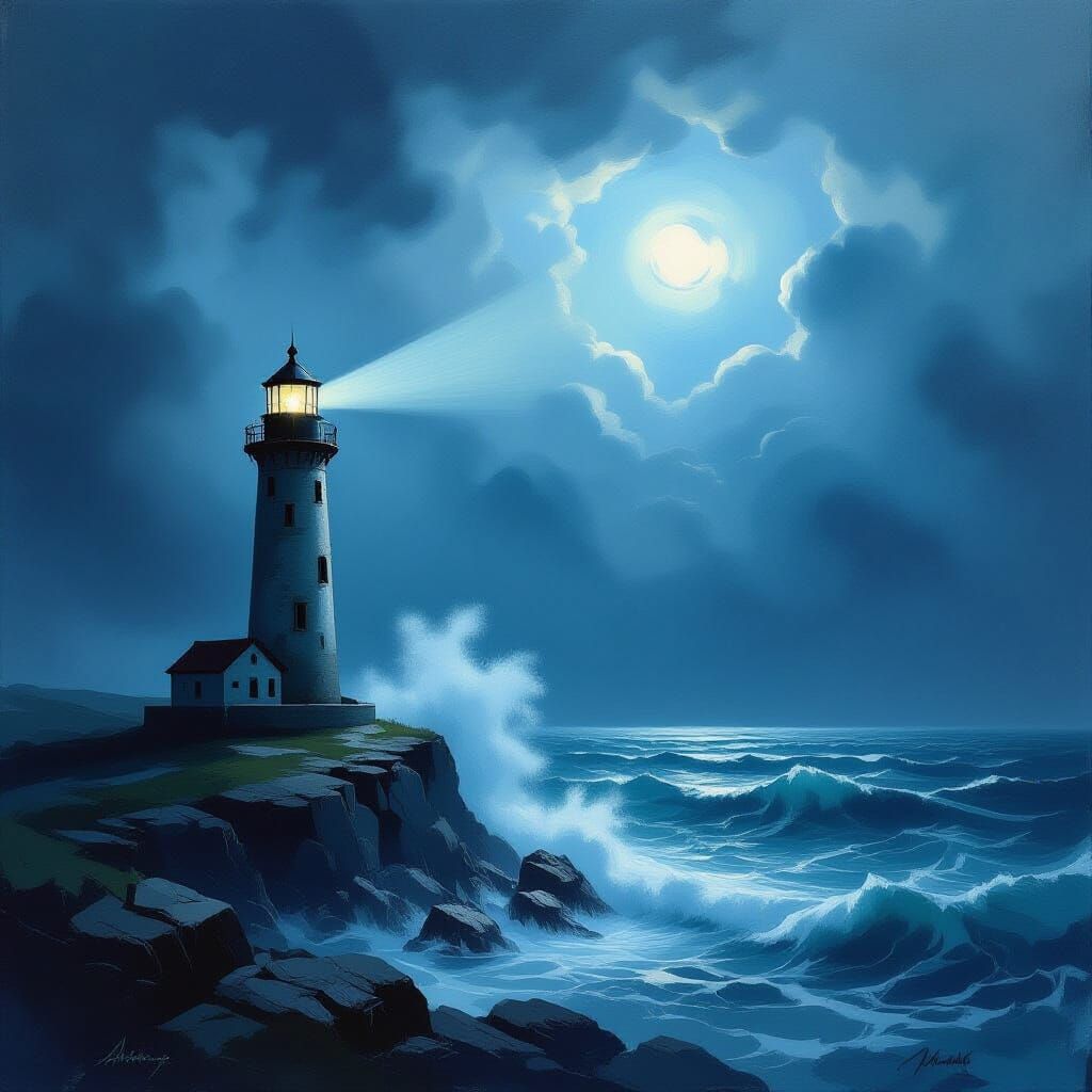 Dramatic Lighthouse in Stormy Seas Oil Painting