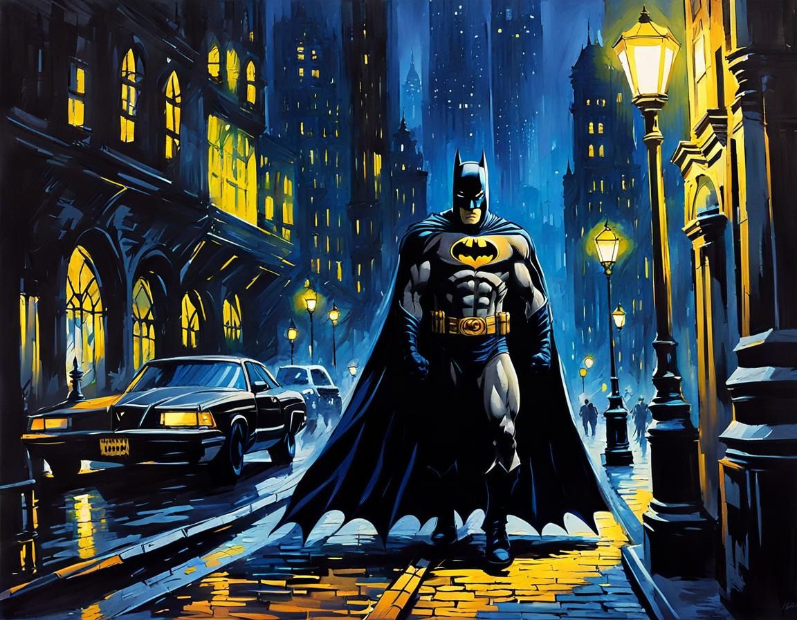 Batman in Gotham: Gouache and Watercolor Impressionism