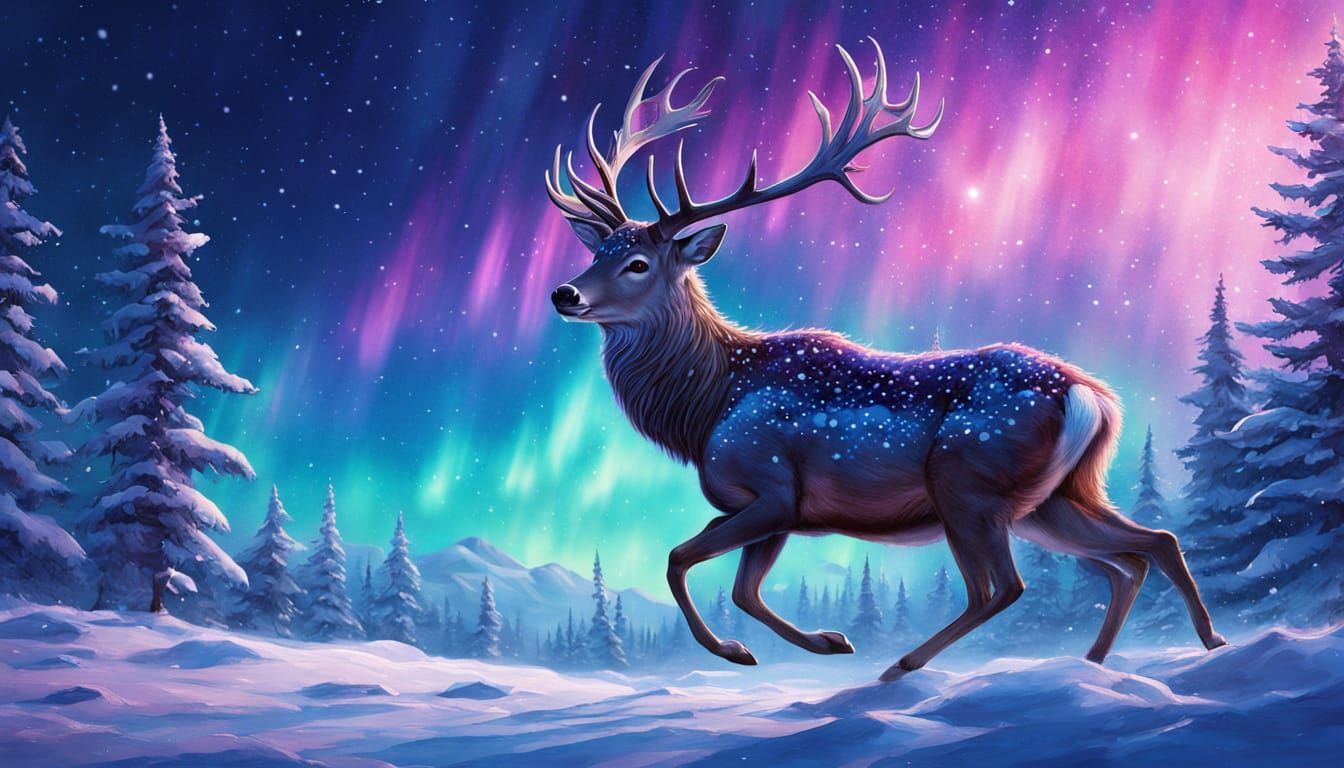 Mystical Deer Leaping Under Aurora: Fantasy Oil Painting