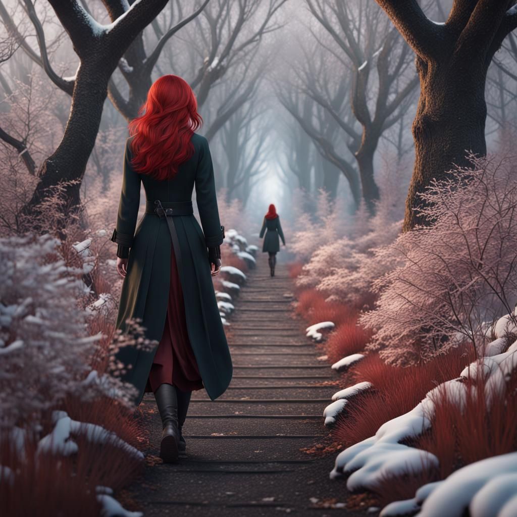 Asian Woman Walking Path in Winter: Photorealistic Art