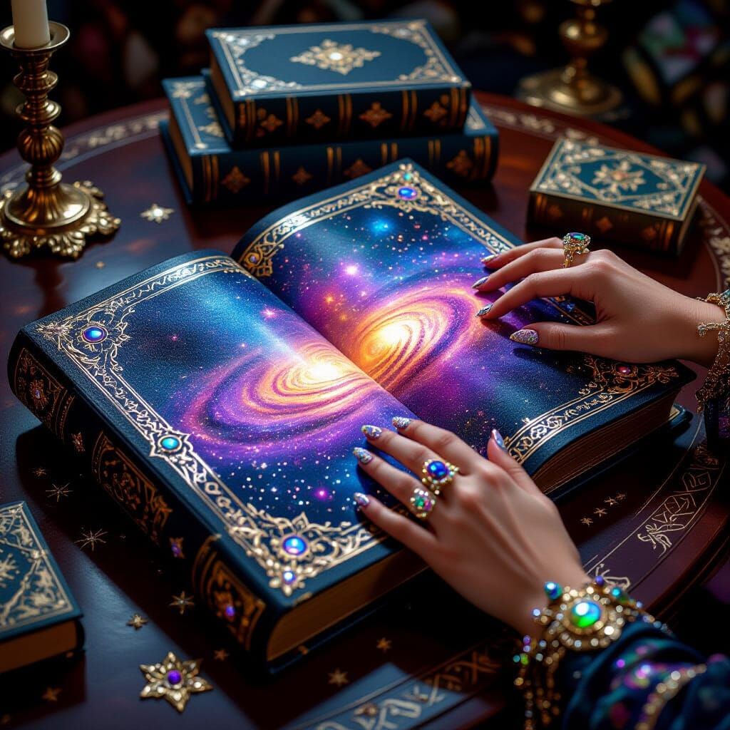 Galactic Visions in Ornate Book, Surrealist Art