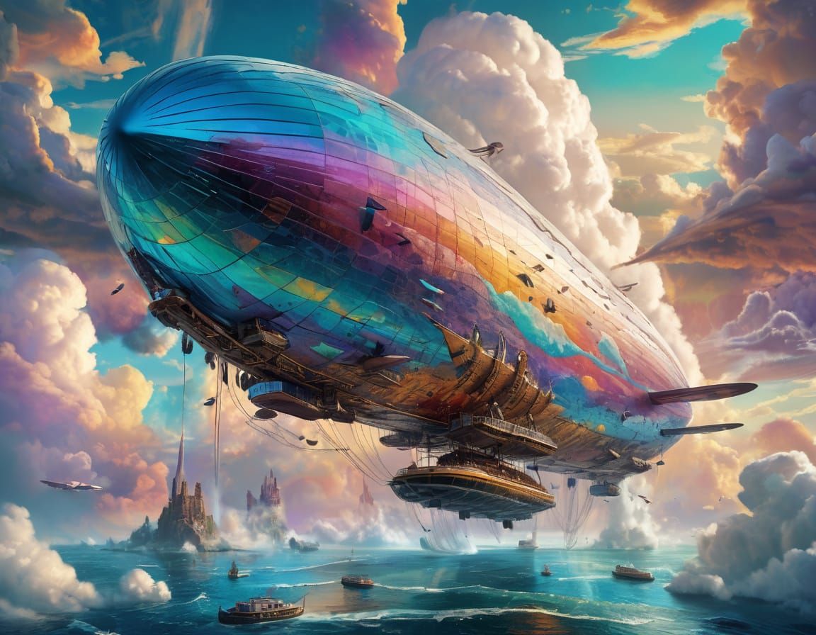 Opalescent Zeppelin in Dreamlike Sky: Digital Art