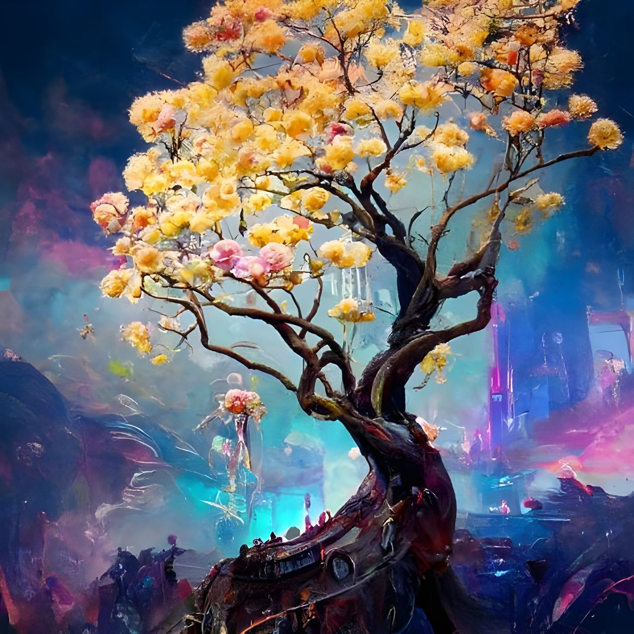 Ethereal Medieval Castle Balcony with Pink Clouds