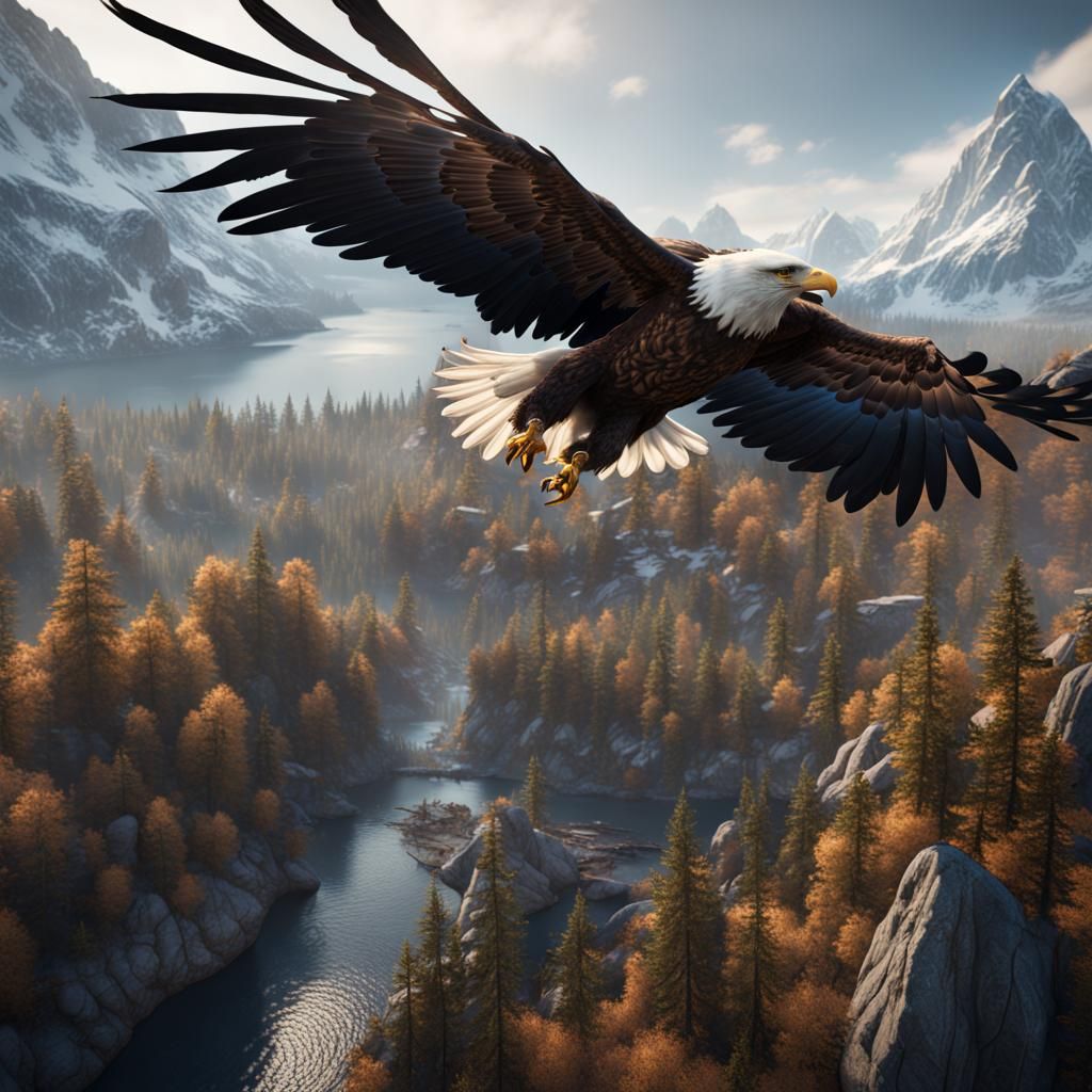 Eagle Soaring Above Russian Wilderness: Matte Painting