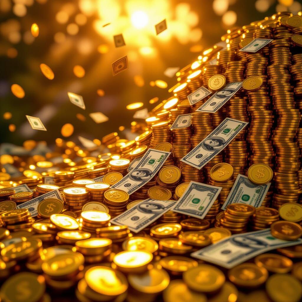 Abundant Money Cascade in Golden Hour Light