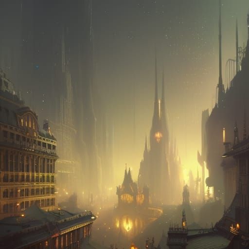 Epic Fantasy City at Night, Digital Art