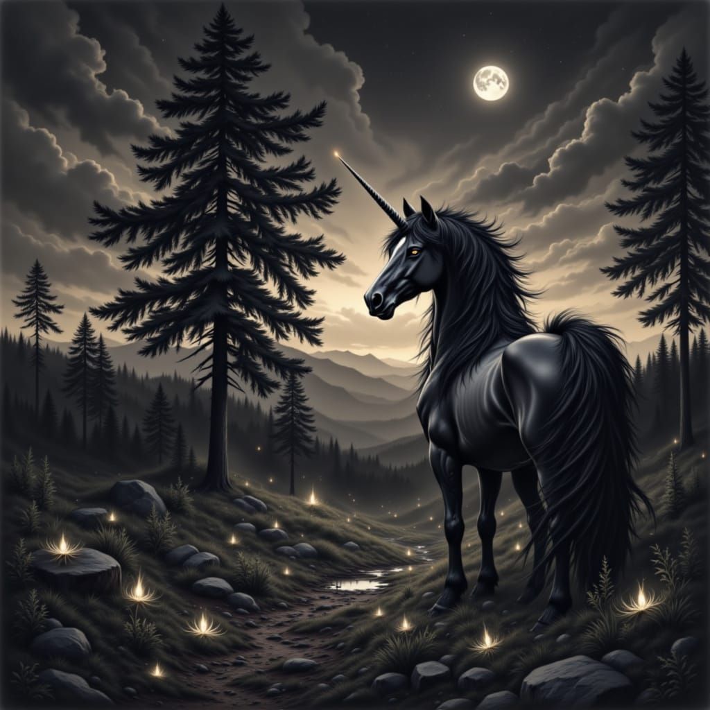 Majestic Black Unicorn in Mystical Moonlight Forest