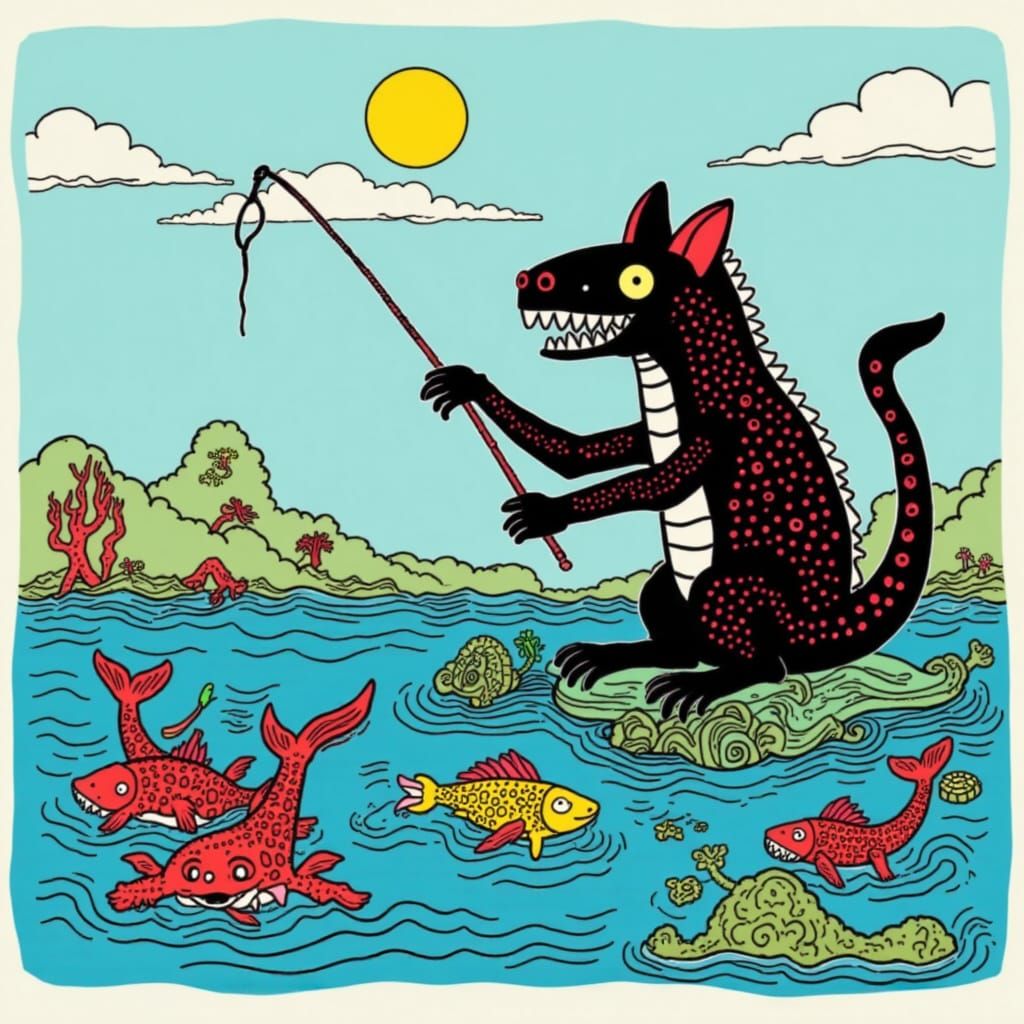 Fat Black Cat Fishing in Koi Pond