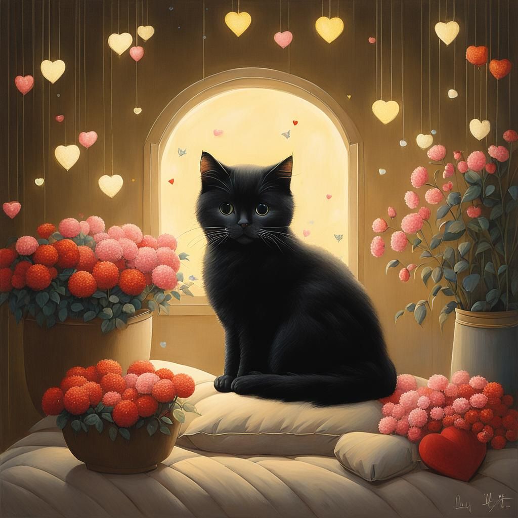 Cute Cat Surrounded by Flowers: Contemporary Painting