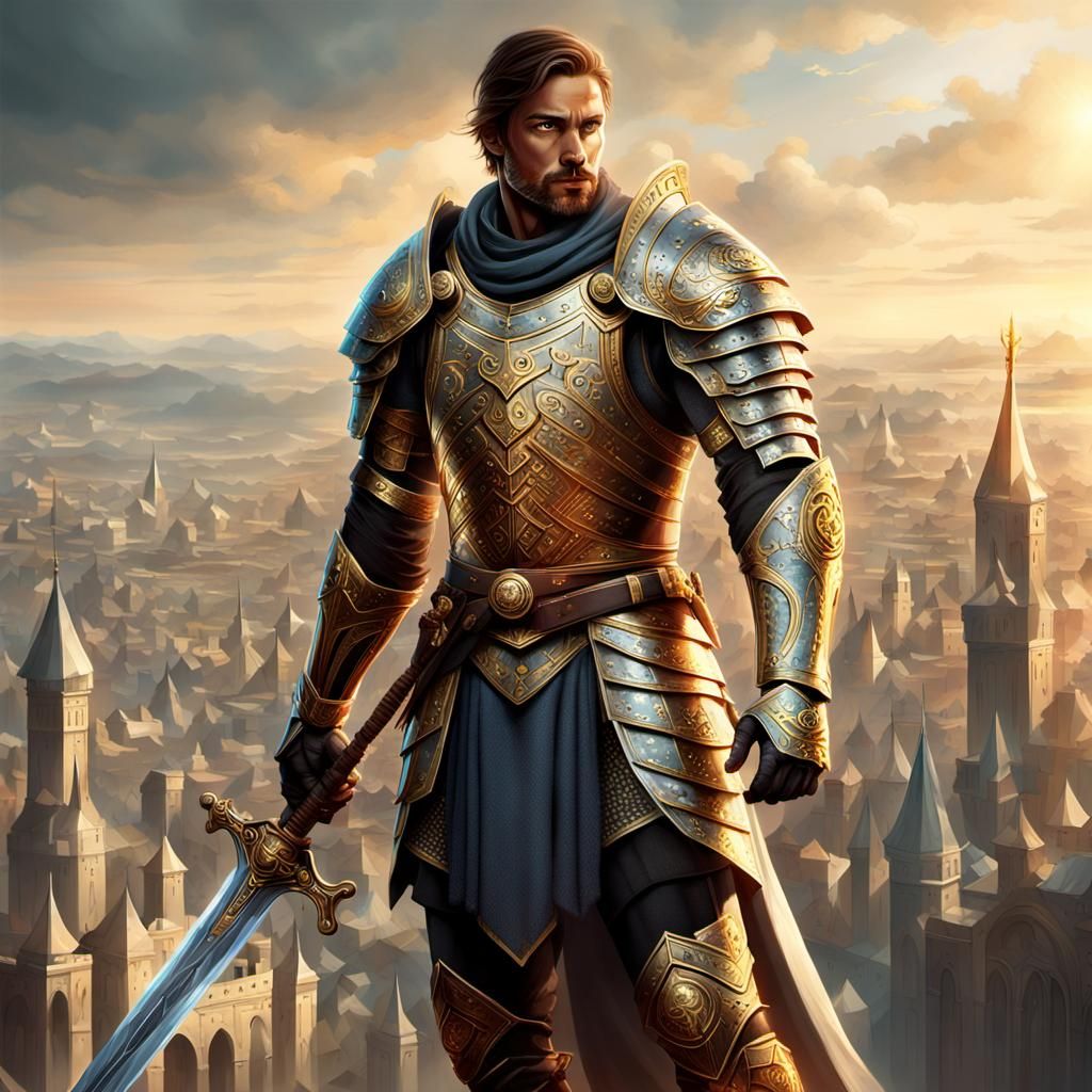 Futuristic Medieval Warrior with Hourglass and Sword