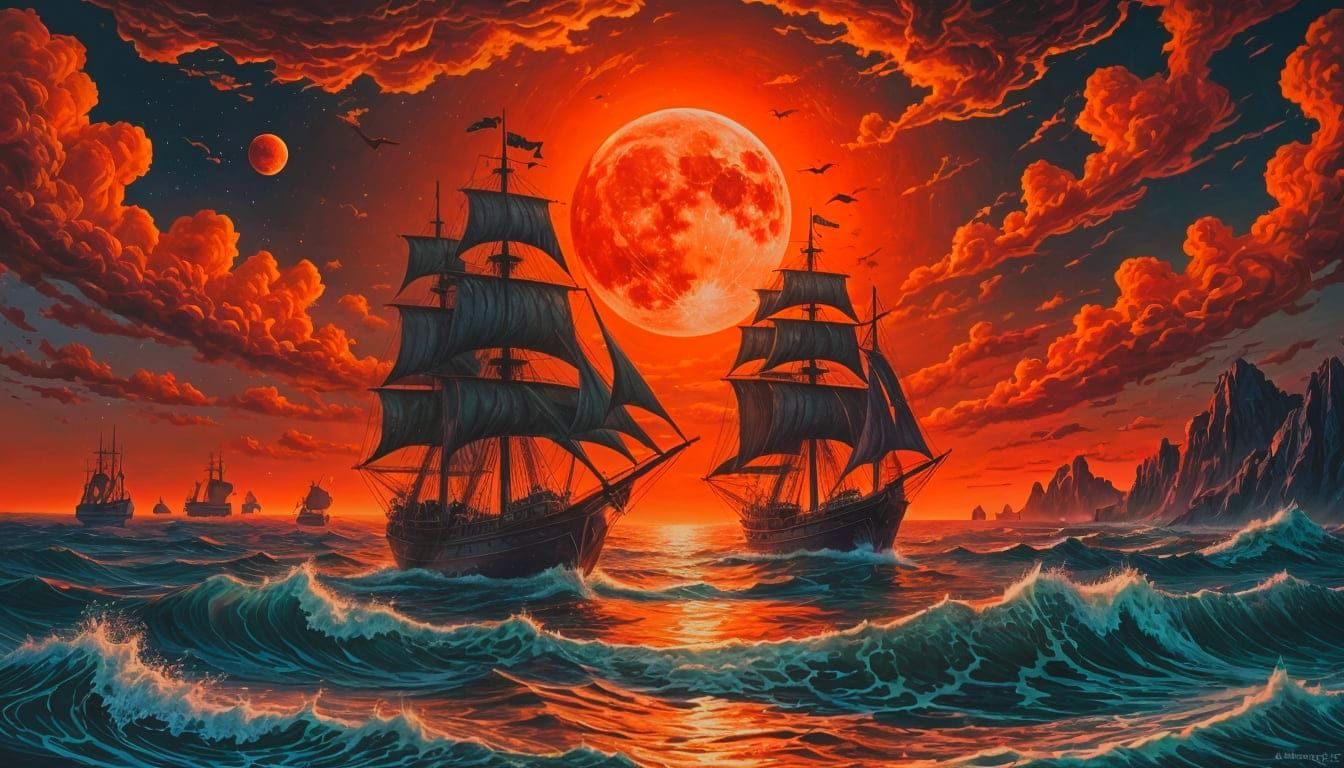 Crimson Ocean with Fey Creatures Under Fiery Sky