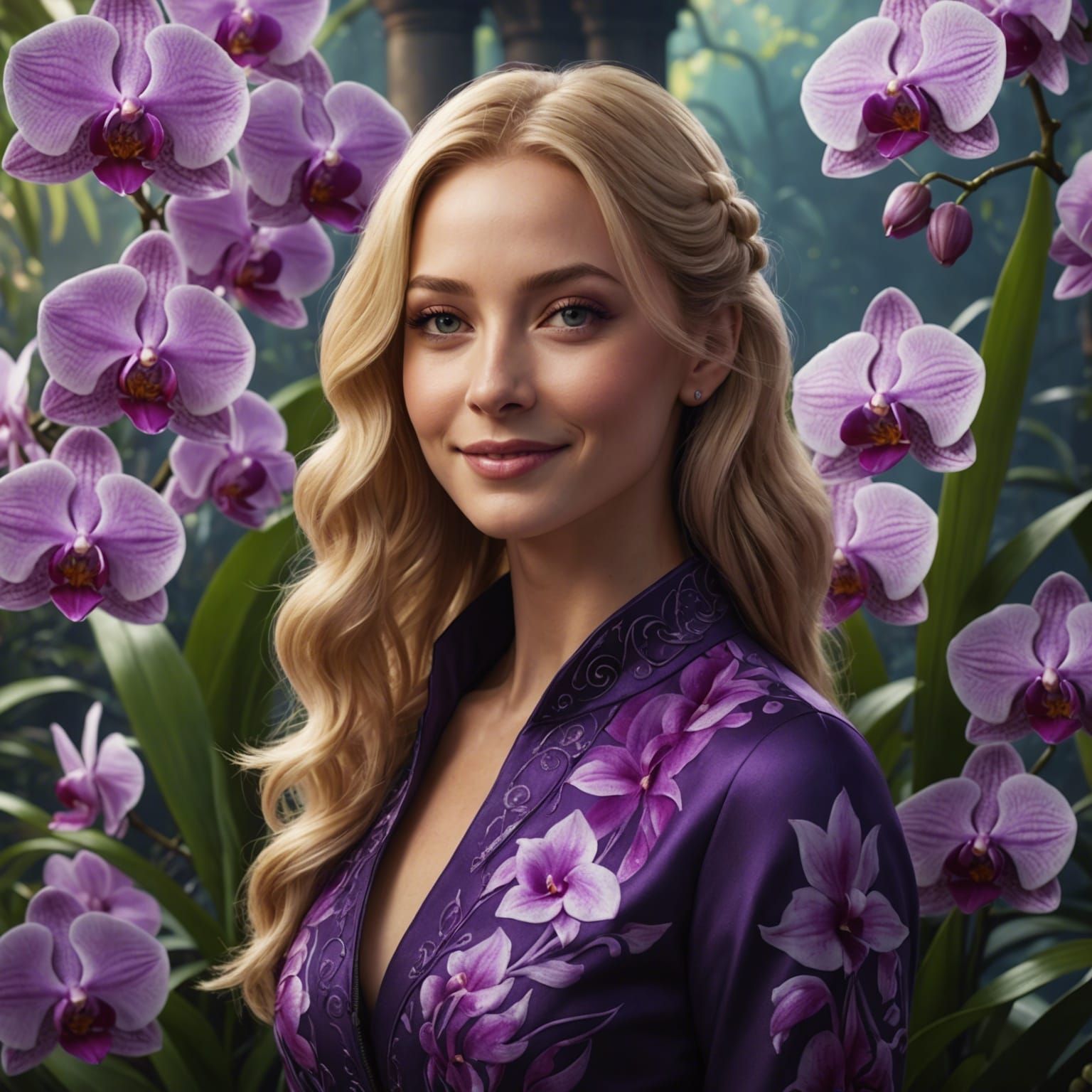 Blonde Woman Among Purple Orchids: Fantasy Art