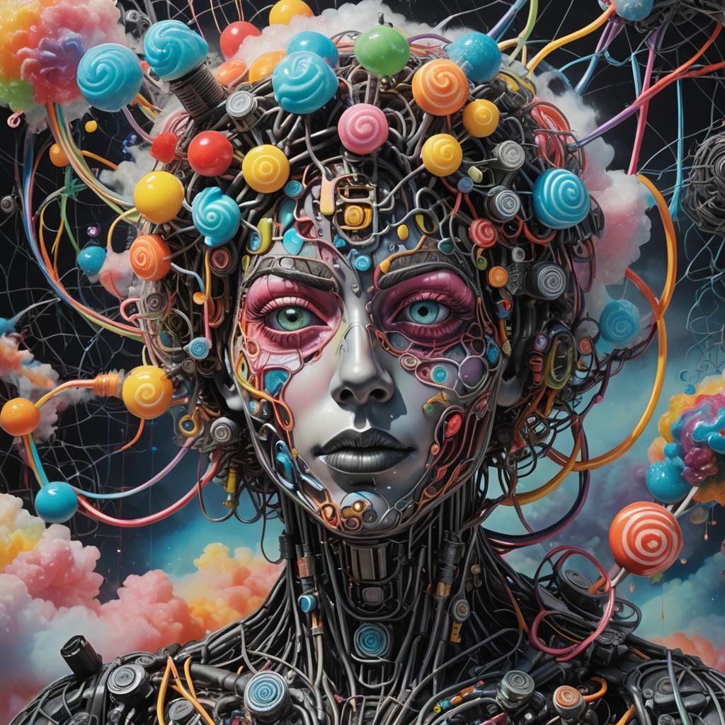 Candy Cyborg Head in a Surreal Landscape