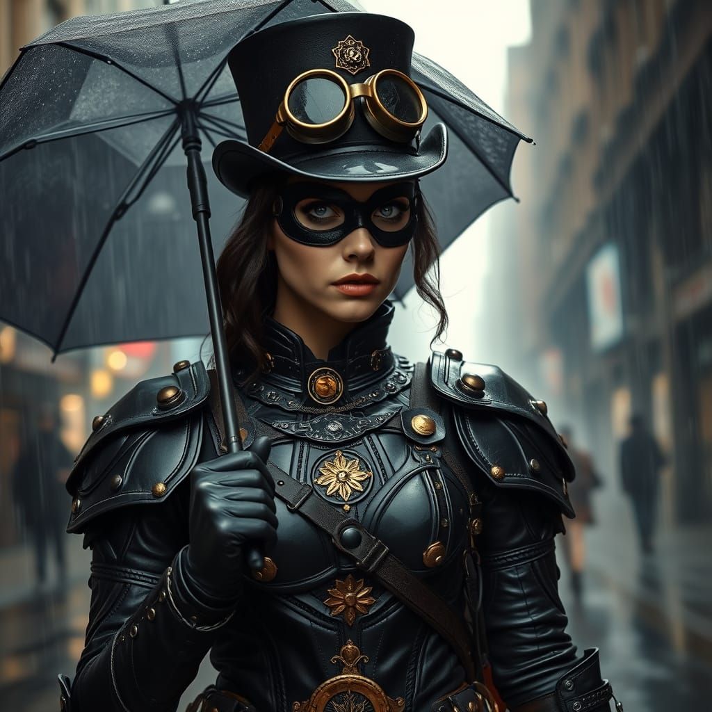 Hyper-detailed illustration of a steampunk-inspired warrior woman standing in a moody, rain-slicked cityscape. She wears...