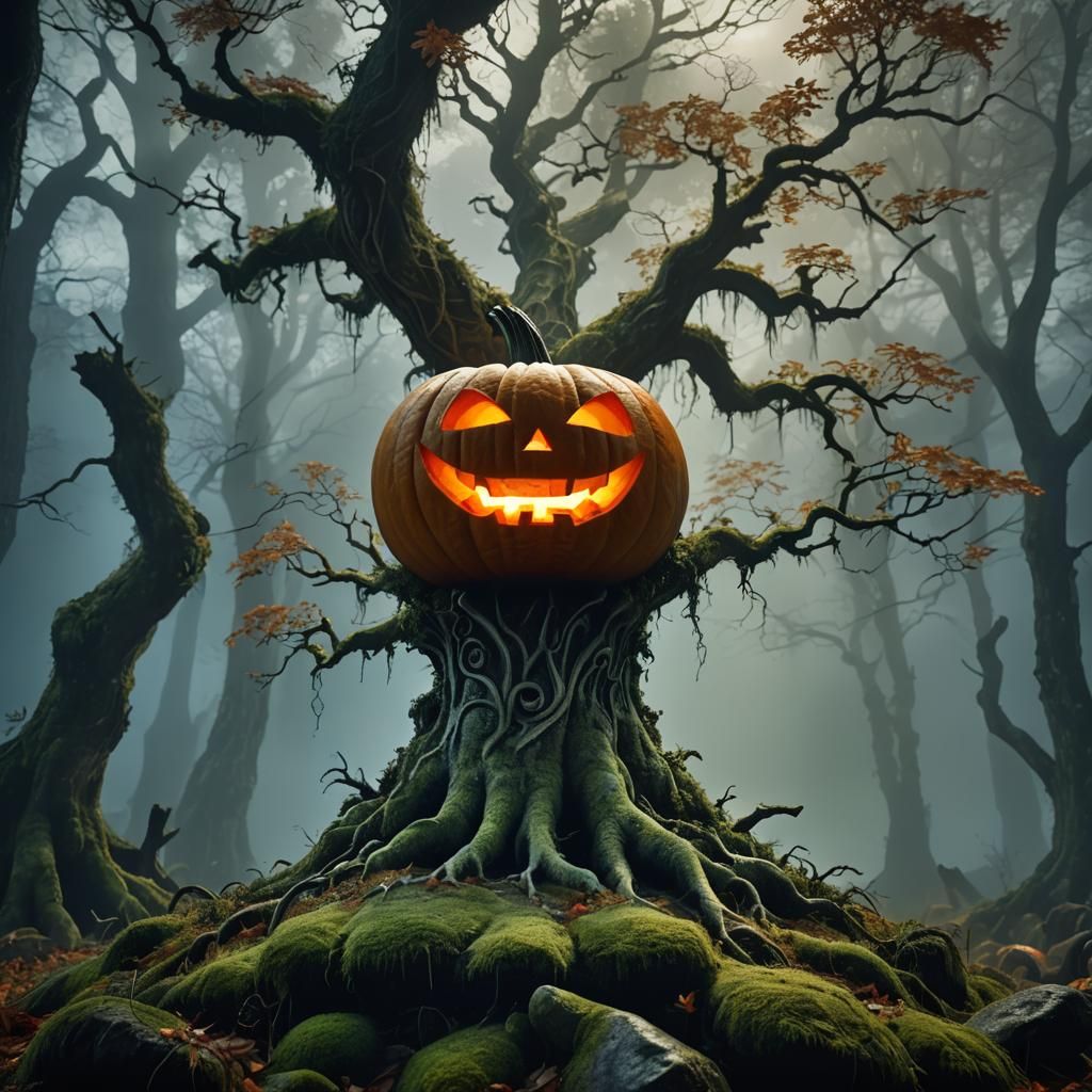 Glowing Halloween Pumpkin in Misty Forest