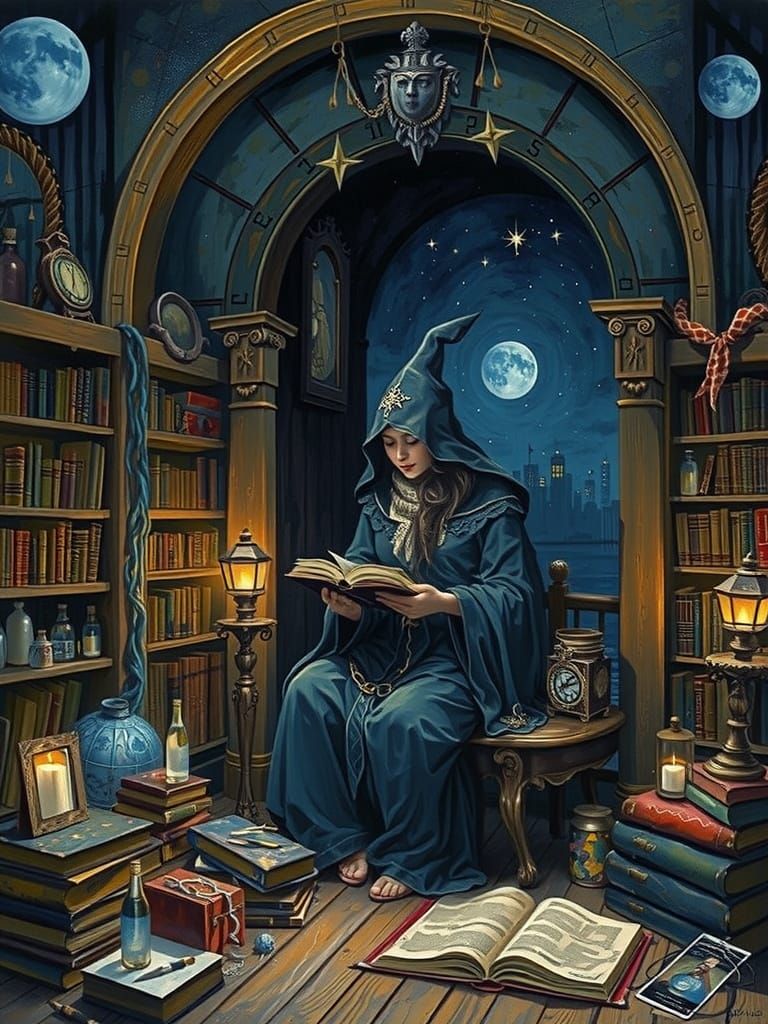 Mystical Moonlit Pier Scene in Dreamlike Oil Painting Style