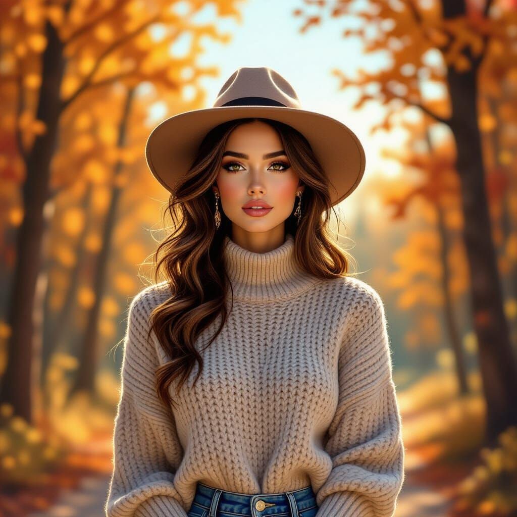 Glamorous Model in Autumn Forest Portrait