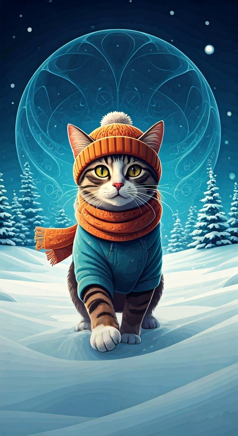 Festive Cat in Snowy Fractal Landscape