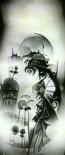 Chibi Character in Dark Film Noir Cityscape