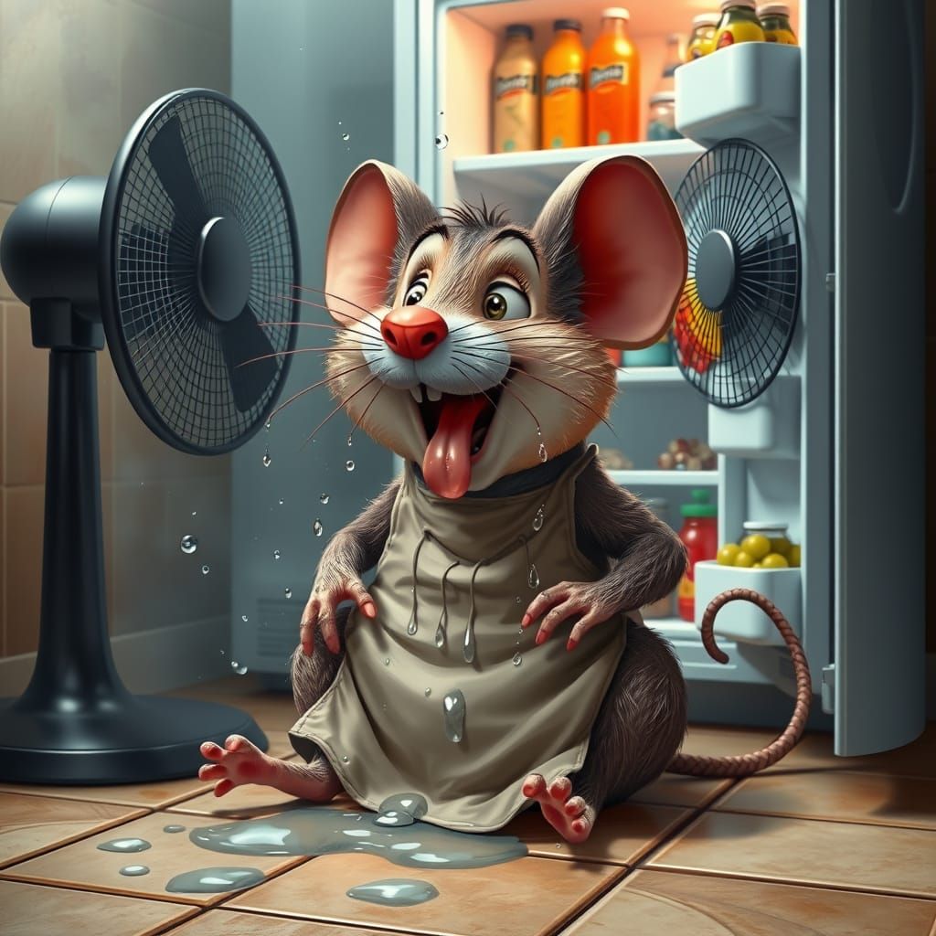 An exaggeratedly realistic cartoon mouse, large and expressi...