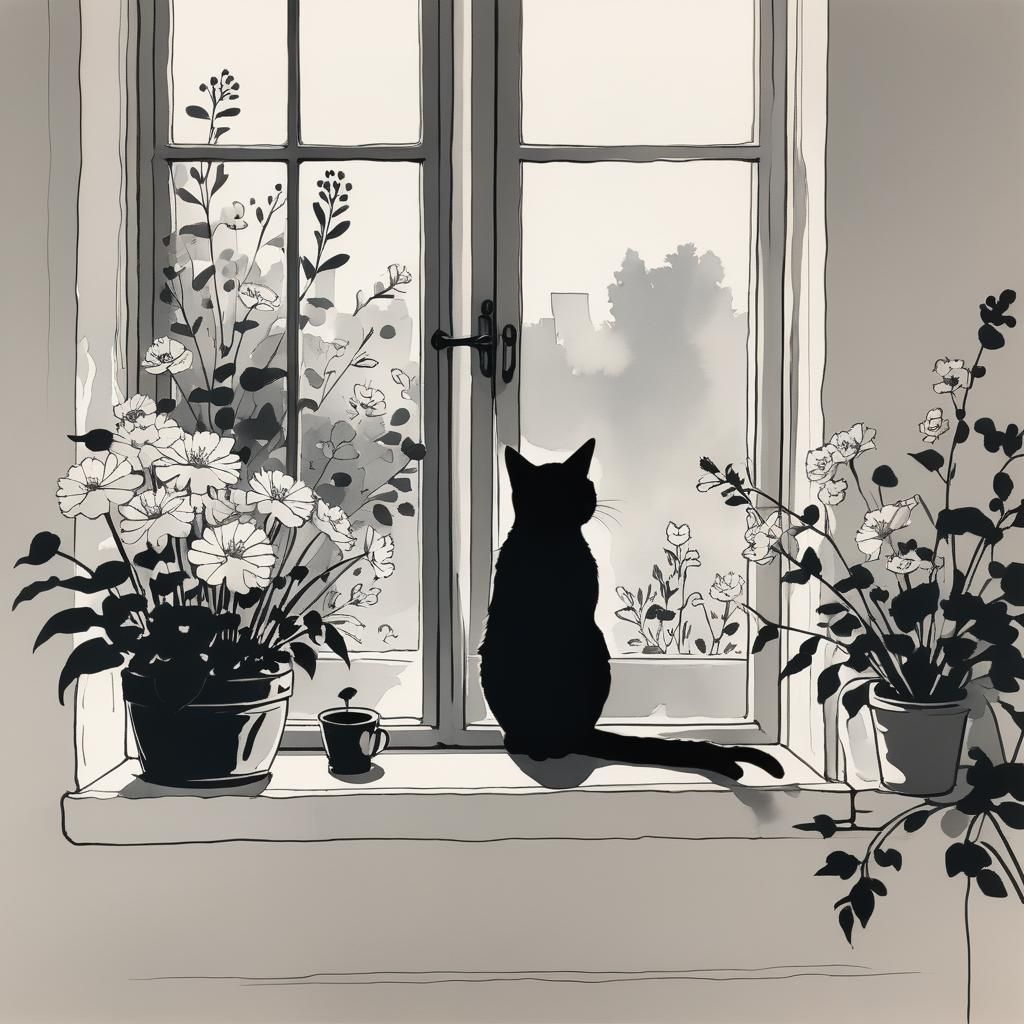 Minimalist Ink Cat Silhouette in Window