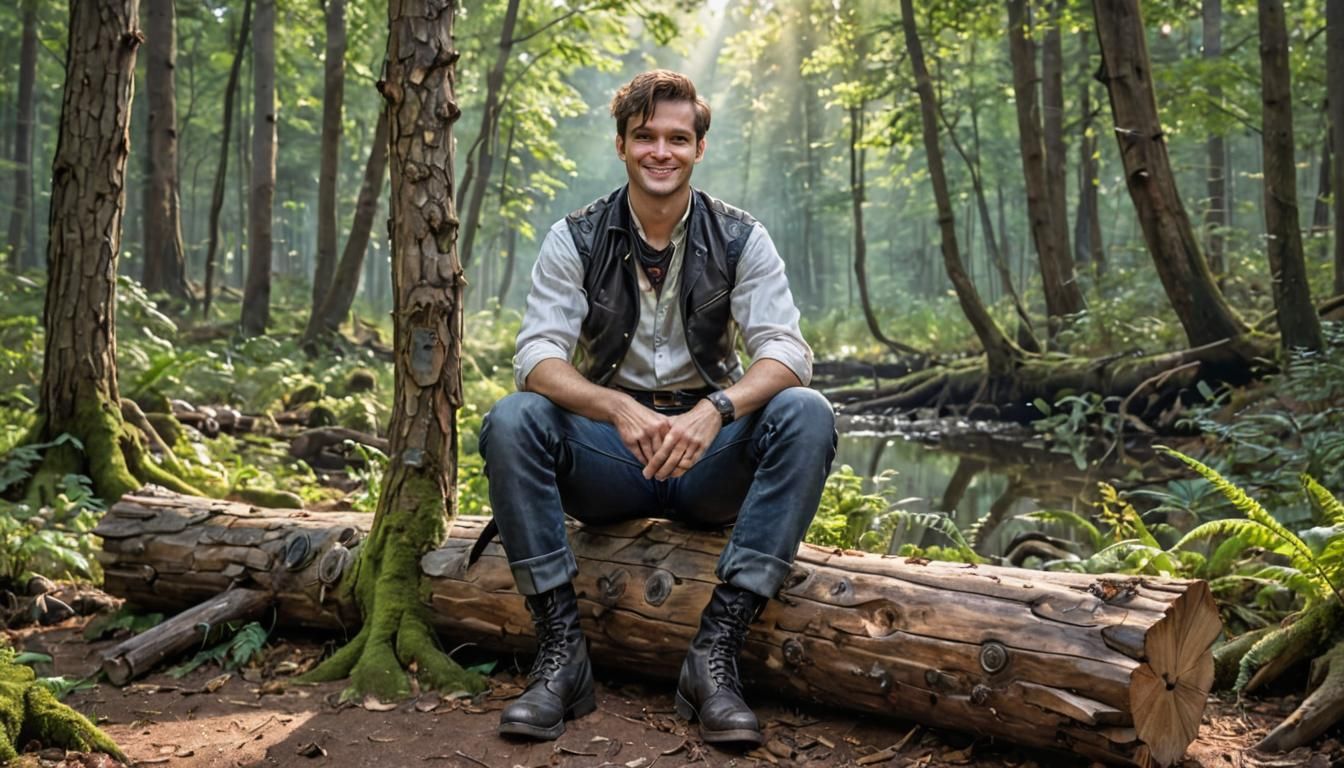 Steampunk Forest Scene with Smiling Man