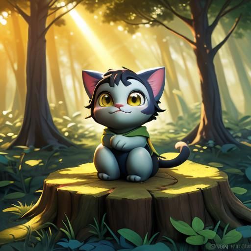Fantasy Cat-Kid in Enchanted Forest: 3D Digital Art