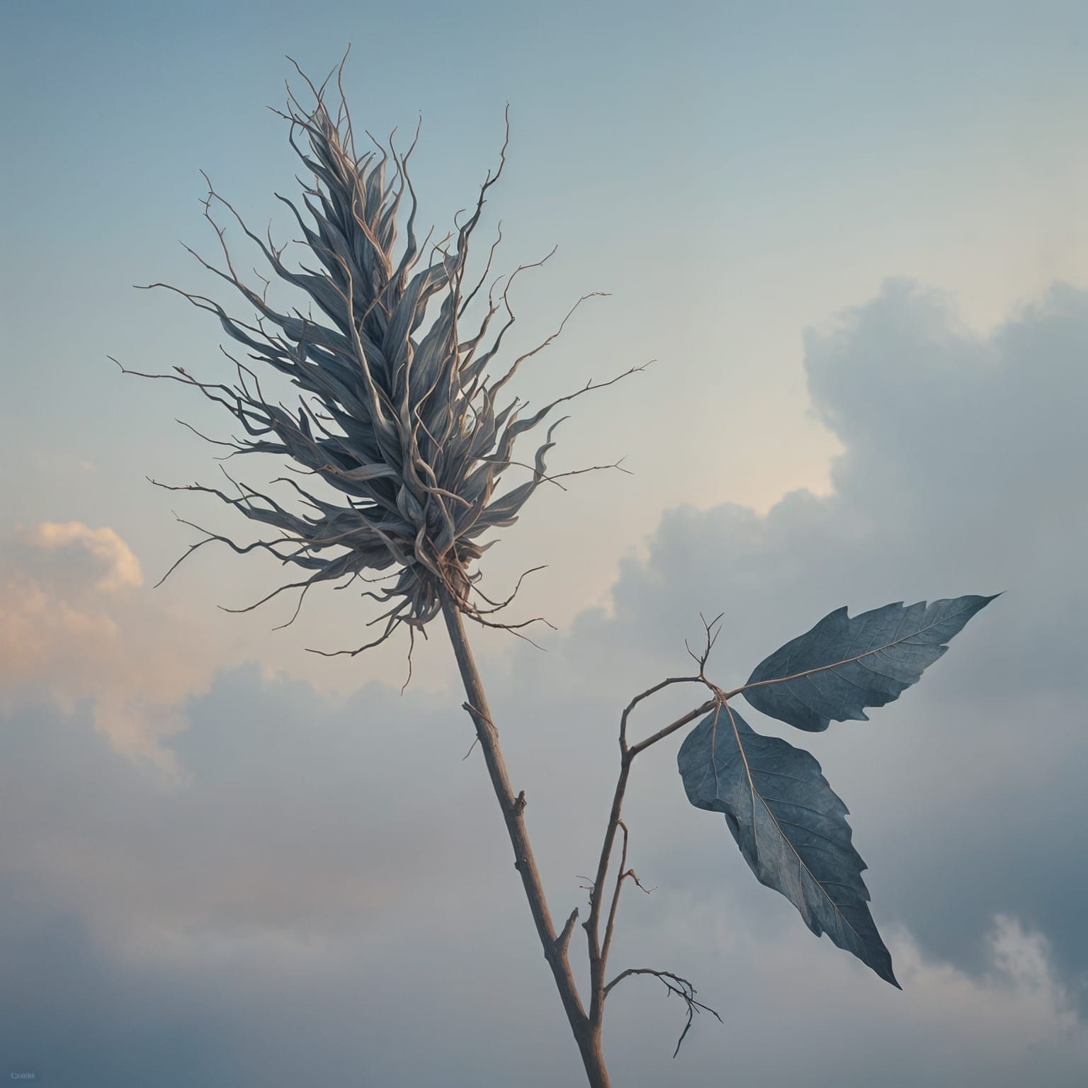 Nature's Contrast: Dried Plant Above, Cloud Below