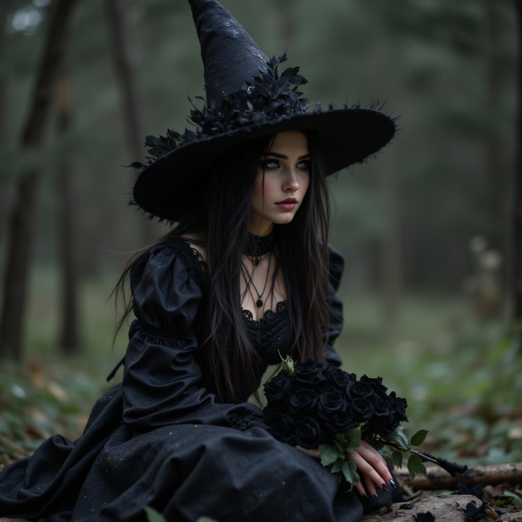 Mysterious Witch in Gothic Costume with Black Roses